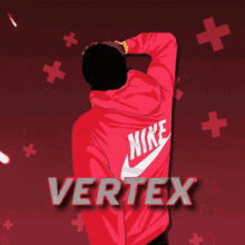 a man wearing a red nike hoodie with verboz on the bottom