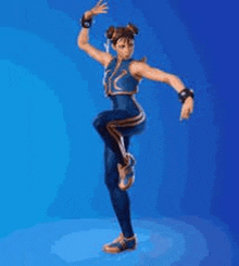 chun li from street fighter is dancing on a blue background in a video game .