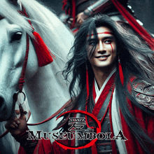 a man with long black hair is riding a white horse with museumbola written on the bottom right