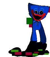 a blue cartoon character with a big smile on his face is standing on a black block .