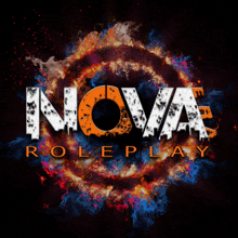 a logo for nova roleplay is surrounded by fire and smoke