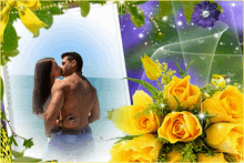 a picture of a man and a woman kissing with yellow roses in the foreground