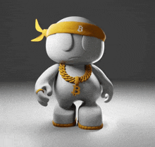 a cartoon character with a yellow headband and a gold chain with the letter b on it