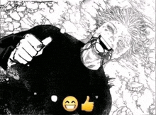 a black and white drawing of a man giving a thumbs up and a smiley face .