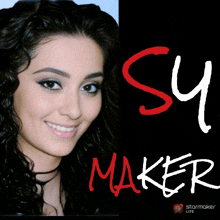 a woman is smiling in front of a black background with the word maker on it