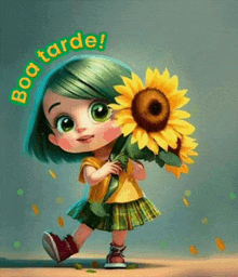 a little girl with green hair is holding a sunflower with the words boa tarde written above her