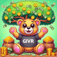 a teddy bear wearing a shirt that says givr sits in front of a money tree