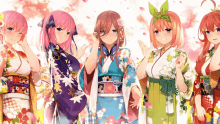 a group of anime girls wearing kimonos are standing next to each other on a white background