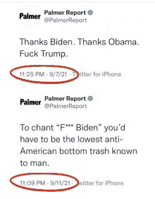 a screenshot of a tweet from palmer report that says " thanks biden thanks obama fuck trump "