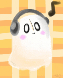 a drawing of a ghost wearing headphones with a music note above it