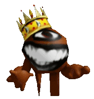 a cartoon character wearing a crown with a big eye