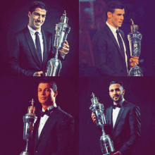 a collage of four pictures of men in tuxedos holding trophy