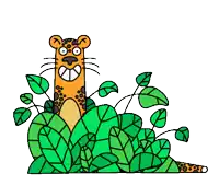 a cartoon of a leopard laying in a bush with leaves
