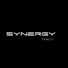 a white logo on a black background for synergy family .