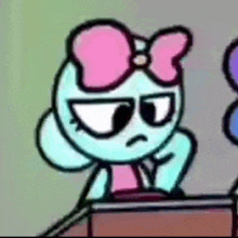 a cartoon character with a bow on her head is sitting at a podium .