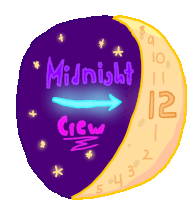 a cartoon drawing of a crescent moon with the words midnight crew written on it