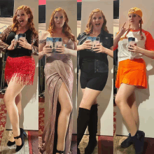 a woman is taking a picture of herself in a mirror in different outfits