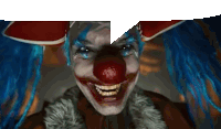 a close up of a clown with blue hair and a red nose