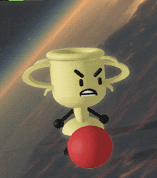 a yellow trophy with an angry face and arms is holding a red ball