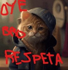 a cat wearing a hat and a jacket with the words `` bye bye , respecta '' written on it .