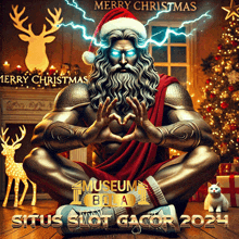 a poster for merry christmas with a statue of zeus making a heart shape with his hands