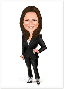 a cartoon of a woman in a black suit standing with her hand on her hip .