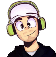 a cartoon man wearing headphones and a bandana on his head