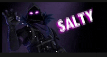 a raven from fortnite with purple eyes and a purple background .