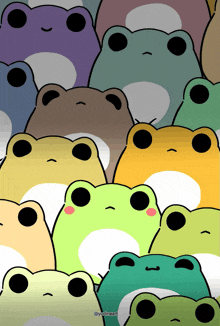 a bunch of frogs are lined up on a white background and the frogs are different colors