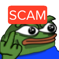 a green frog is giving the middle finger and has a red sign above his head that says scam