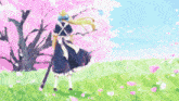 a girl in a maid dress holds a sword in front of a blue sky