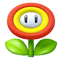 a red , yellow , and white flower with green leaves and a white face .