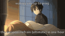 a picture of a man standing next to a woman laying in bed with the caption waking you up to prog the weapons refrain