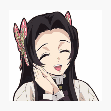 a girl with butterfly ears is smiling with her hand on her chin