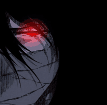 a drawing of a person 's face with red eyes