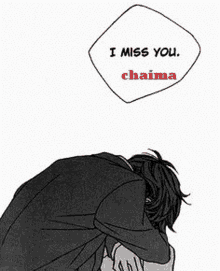 a black and white drawing of a man with his head down and the words `` i miss you . ''