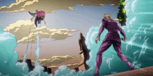 a cartoon of a man in a purple suit standing next to a man in a purple suit flying through the air .