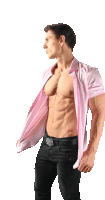 a shirtless man in a pink shirt and black pants is standing in front of a white background