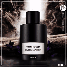 a black bottle of tom ford ombre leather parfum sits next to purple flowers