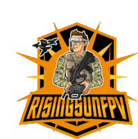 a logo for risingsunfpv shows a man holding a gun and a remote control