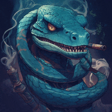 a blue snake is smoking a cigar with smoke coming out of it