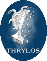 a blue circle with a medusa and the words thrylos