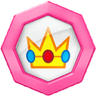 a pink badge with a yellow crown with blue circles around it