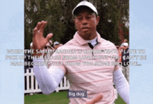 a man in a pink shirt is standing on a golf course with a caption that says big dog