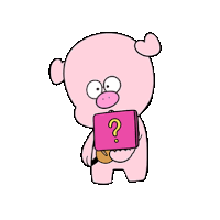 the pig is holding a pink box with a question mark on it .