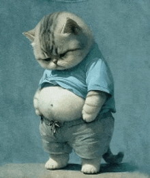 a cat wearing a blue shirt and shorts has a very large belly