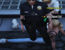 a screenshot of a video game shows a police officer standing next to a woman laying on the ground