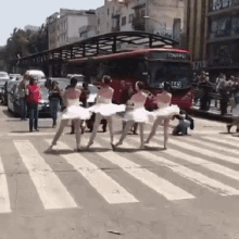 a group of women in tutus are crossing a street in front of a bus that says tcs on it .