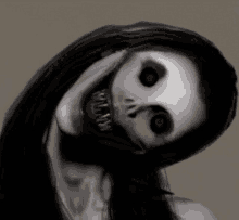 a painting of a scary woman with long hair and red eyes and sharp teeth .