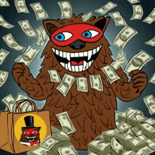 a cartoon of a monster surrounded by money and a bag